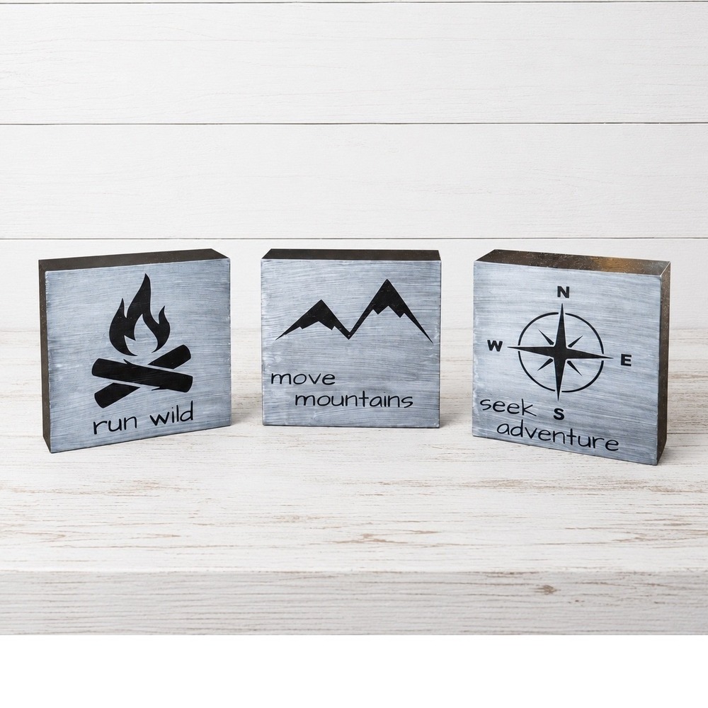 Rustic Wood Block Sign Set Campfire Mountains Compass‎ Home Decor